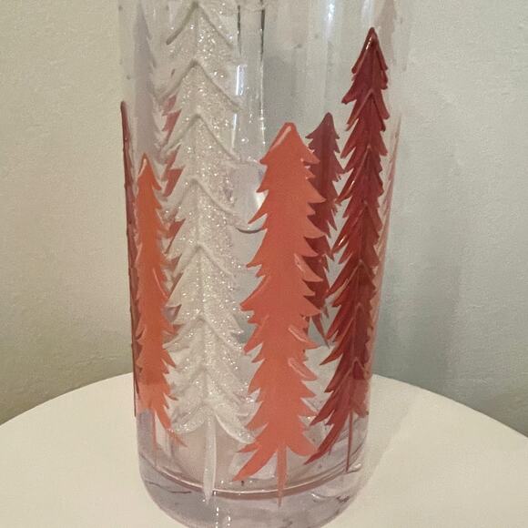 Hand-Painted Glass Pitcher Pink and White Christmas Pine Tree Forest New RARE - Picture 9 of 16